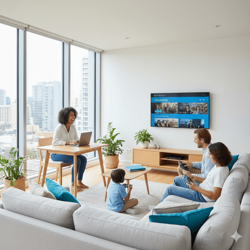 Happy family using fast internet at home